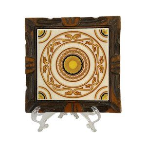 Mexican Tile Trivet Hand Carved Wood Frame With Feet 70s Plant Stand Bohemian
